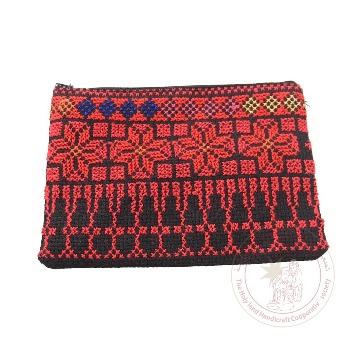 Embroidery hand-stitched change purse on- ides Zipper closure red and black designs