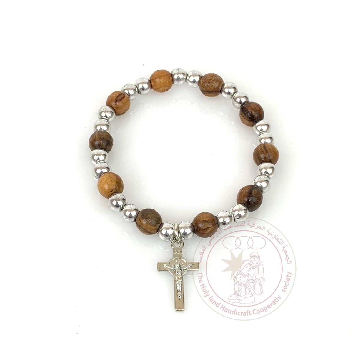 Authentic olive Wood round beads bracelet w/ silver plated cross and beads