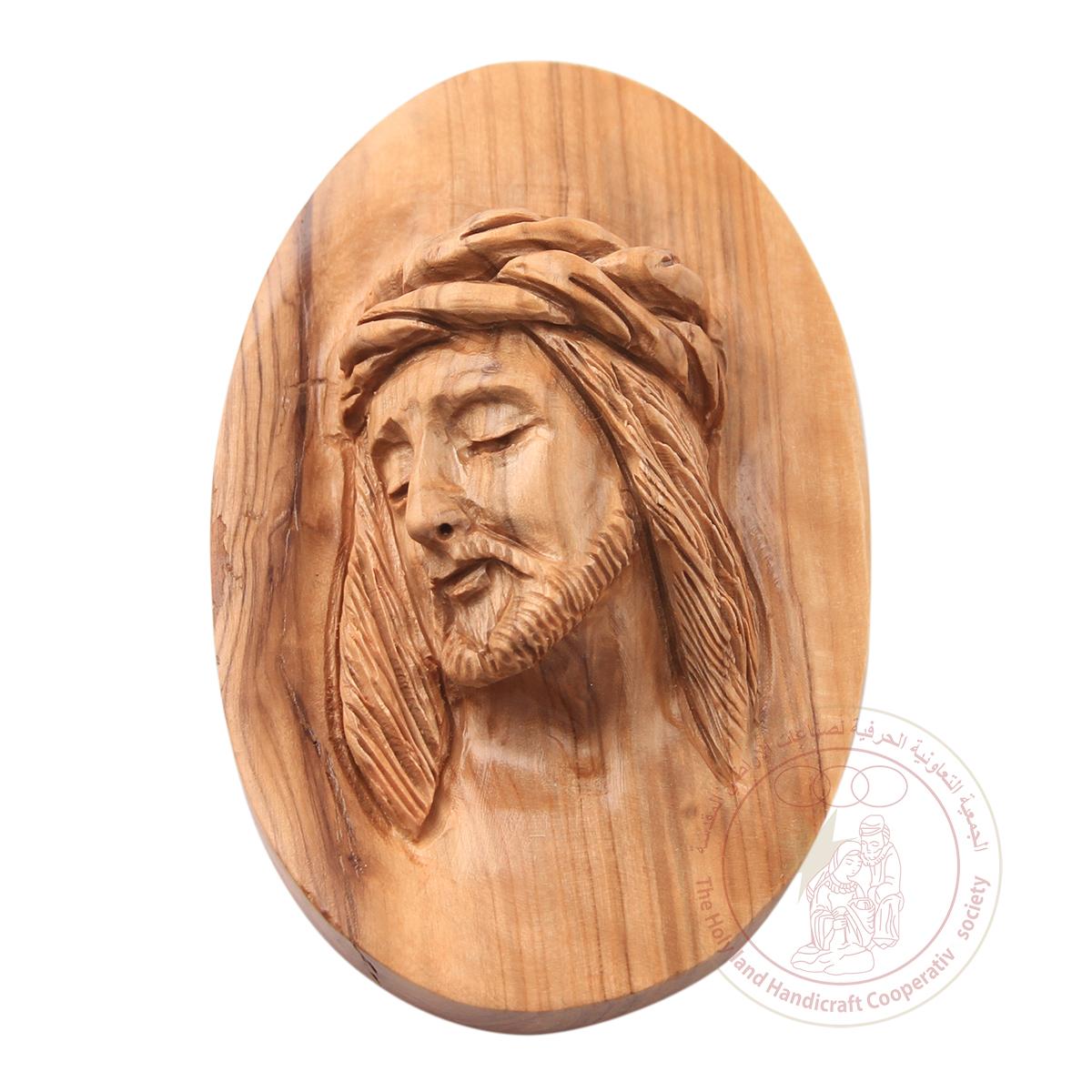 Face of Jesus w/Crown of Thorns Bust Relief - Olive Wood, Detailed Carving, Wall Hanging