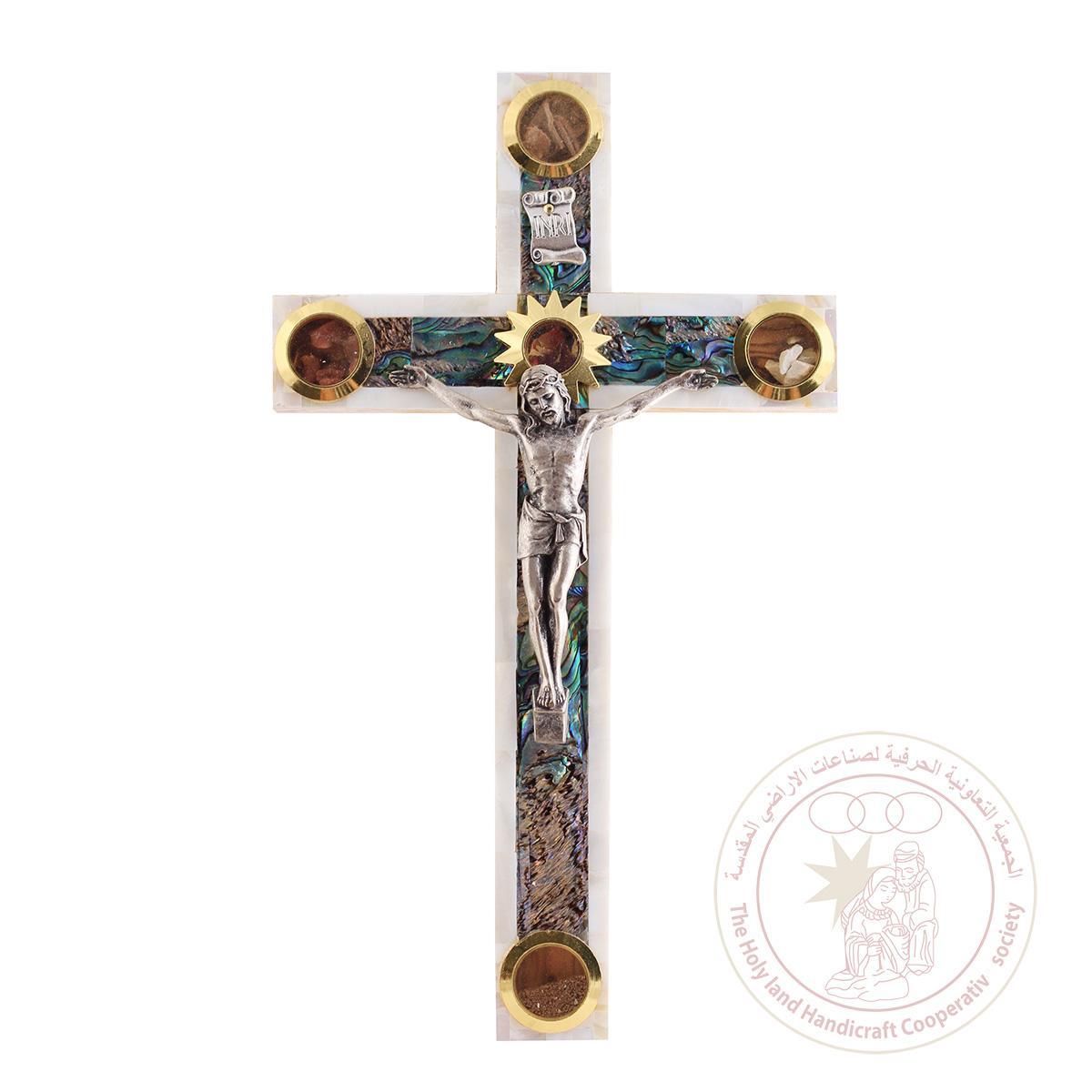 Latin Cross w/Christ & Holy Land Earth, Leaves & Incense - Mother of Pearl, Metallic Figurine, Wall Hanging