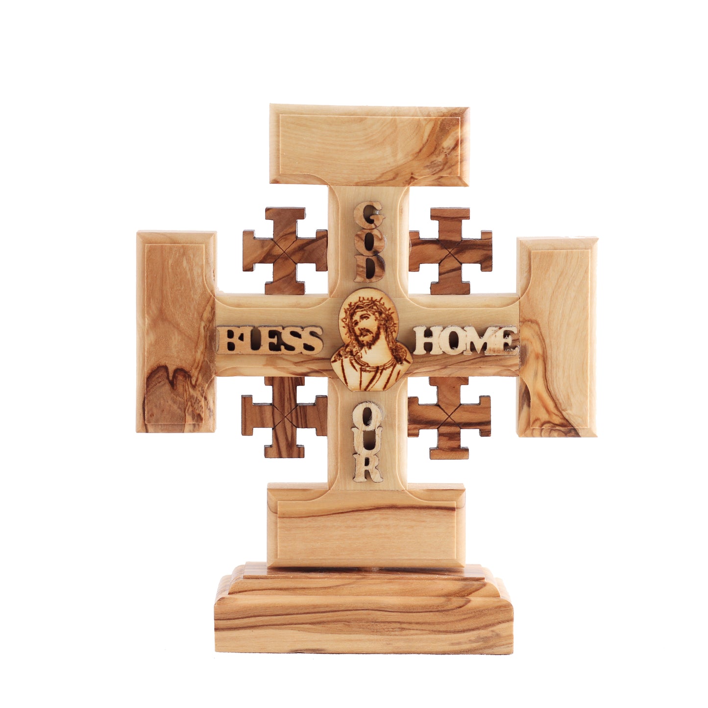 Olive Wood Jerusalem Cross With God Bless Our Home with base