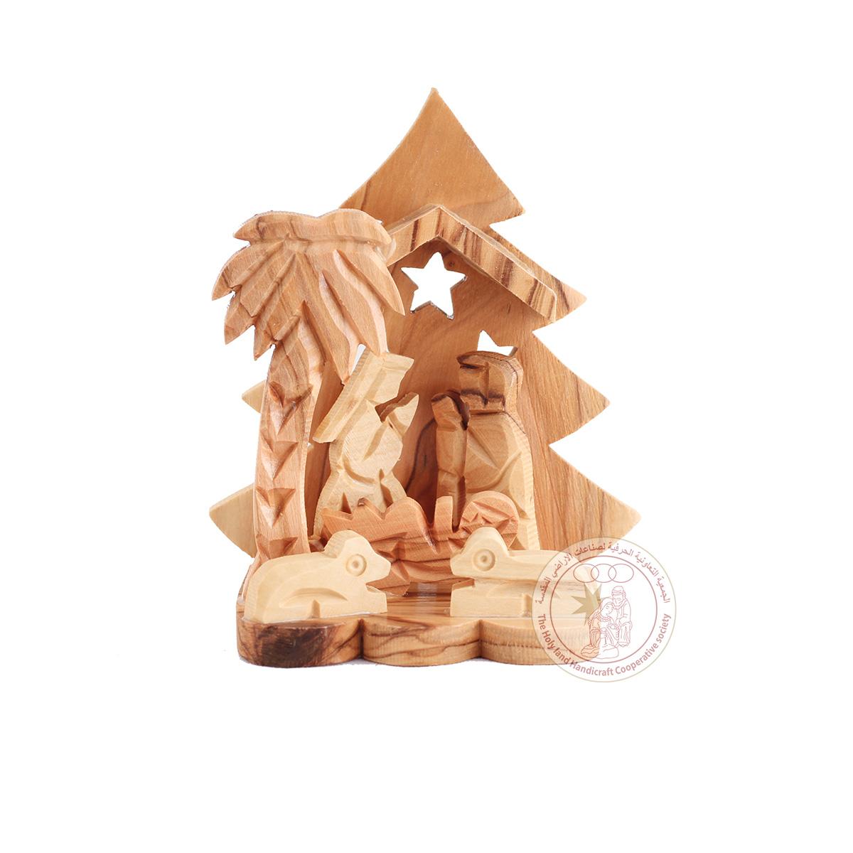 Nativity Creche Christmas Ornament - Olive Wood, Christmas Tree and Stars