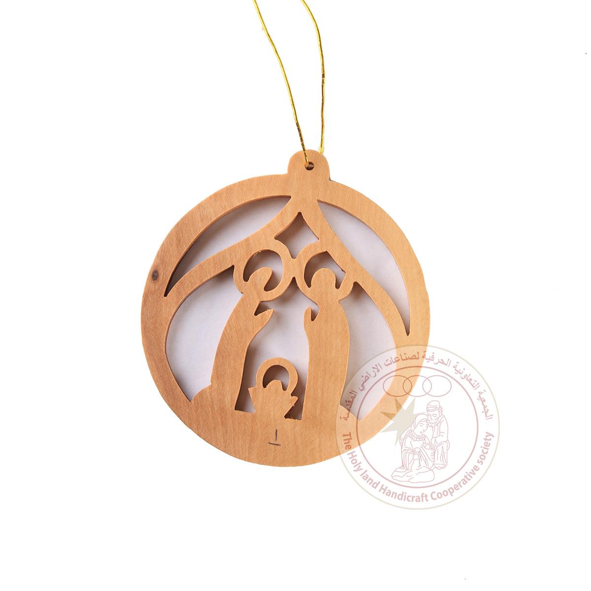 Olive Wood Round Holy Family Ornament