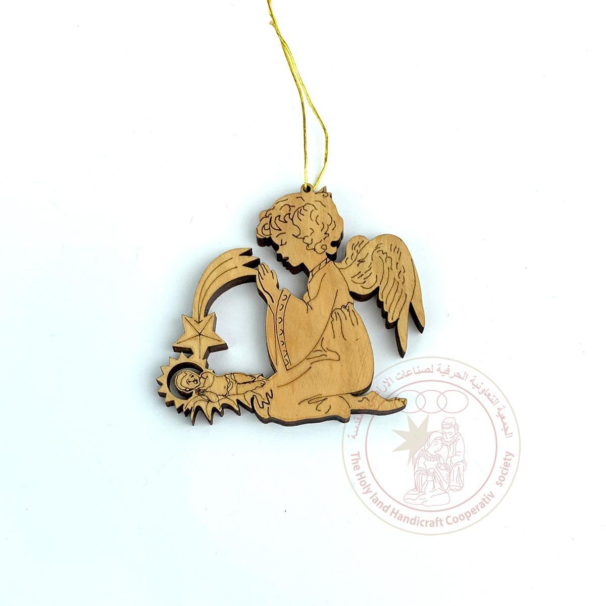 Angel w/Infant Jesus' Christmas Ornament - Olive Wood, Laser Cut