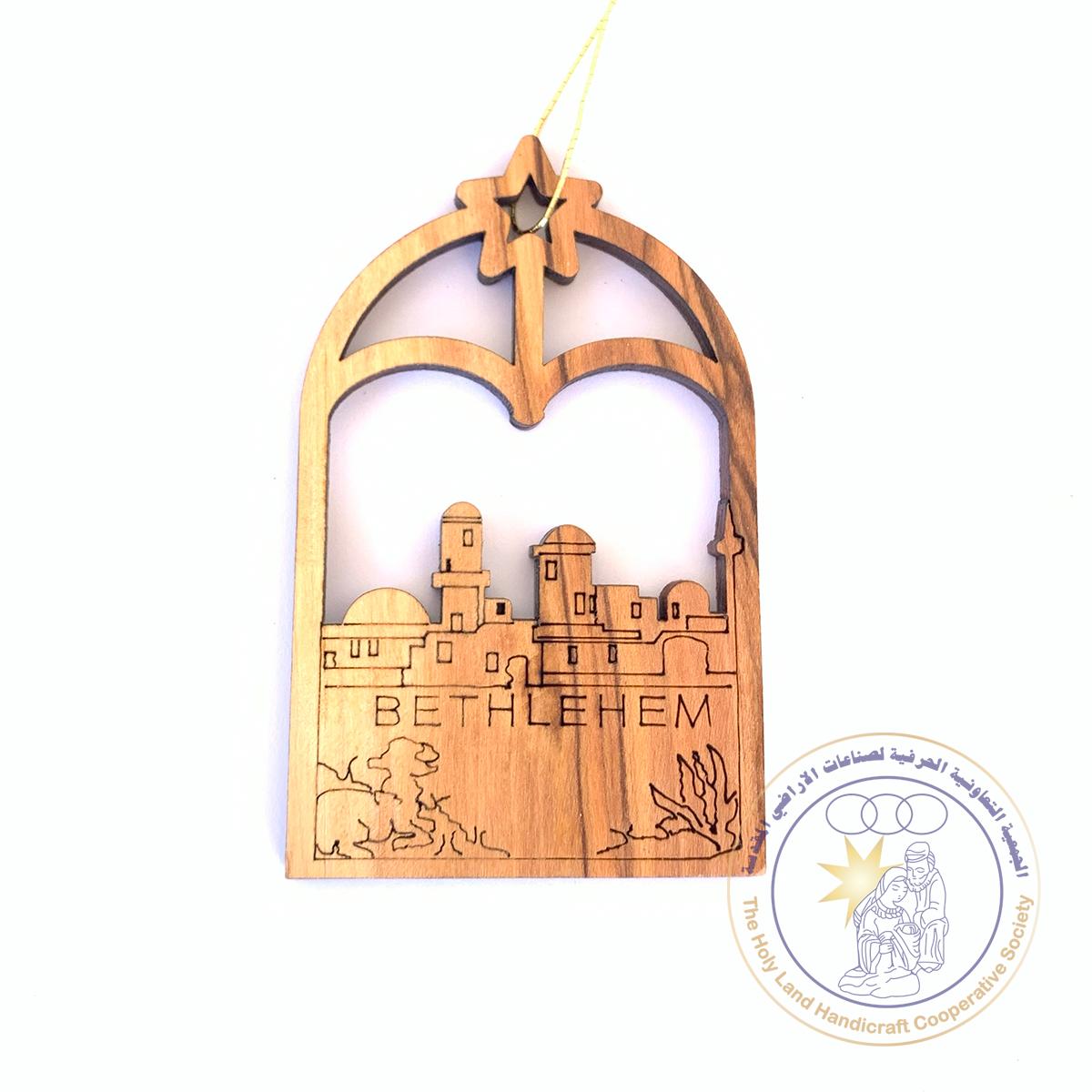 Olive Wood Laser Ornament Bethlehem Shape