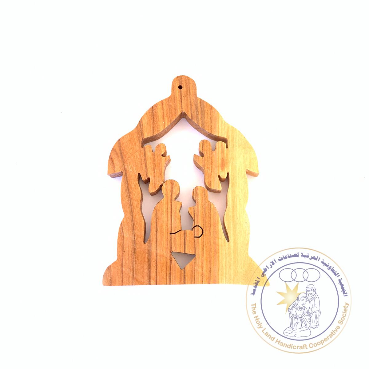 Olive Wood Laser Ornament nativity shape