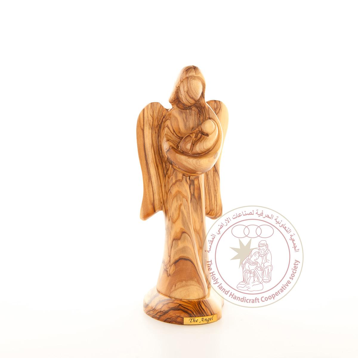Angel with Baby Jesus Figurine - Olive Wood, Smooth Plain Figure