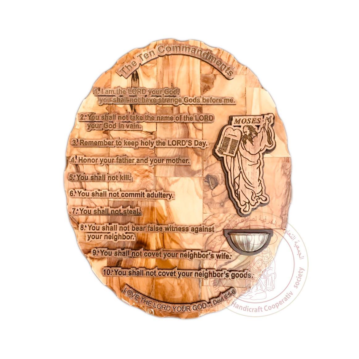 Ten Commandments' Plaque w/Moses & Holy Water Font - Olive Wood & Laser Cut