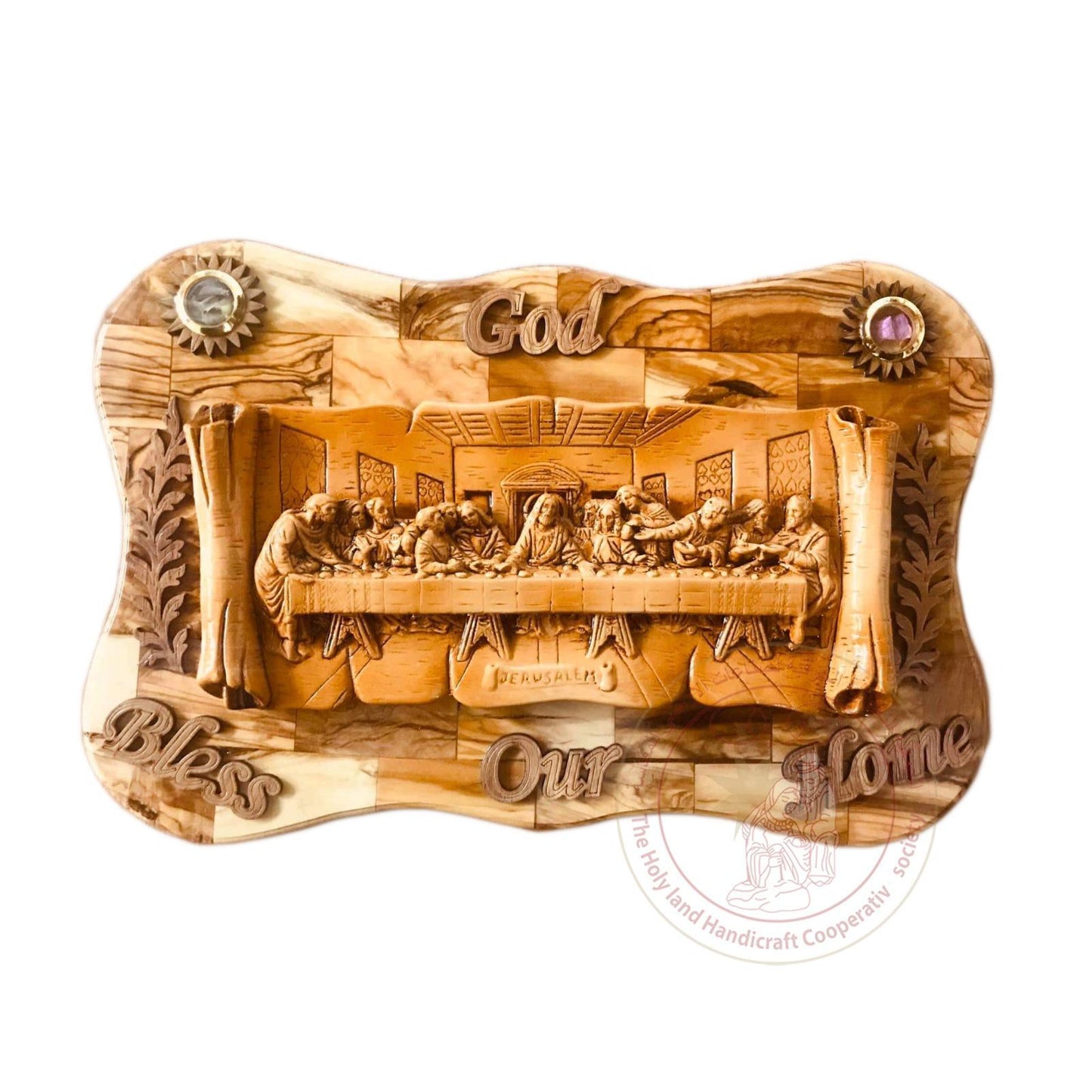 God Bless our Home' Plaque w/Last Supper & Via Dolorosa & 2 Inlaid Incense - Olive Wood & Gypsum Relief