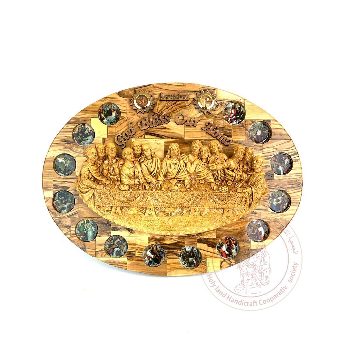 God Bless our Home' & 'Jerusalem' Oval Plaque w/Last Supper & Via Dolorosa & 2 Inlaid Incense - Olive Wood & Gypsum Relief
