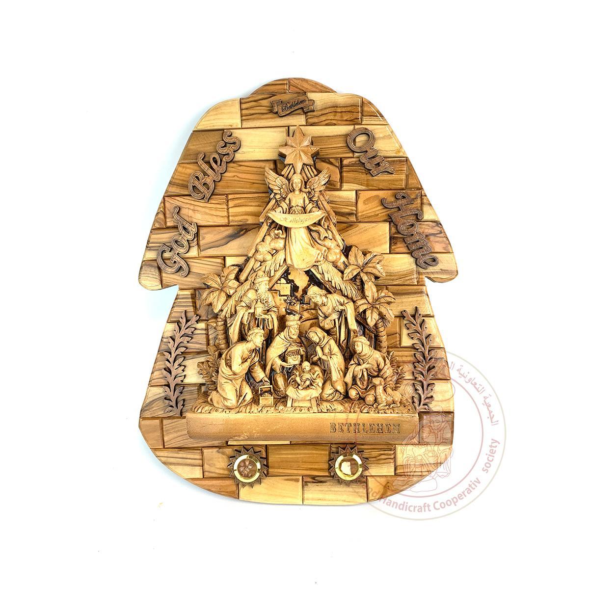 God Bless our Home' & 'Bethlehem' Plaque w/Nativity & 2 Inlaid Incense - Olive Wood & Gypsum Relief