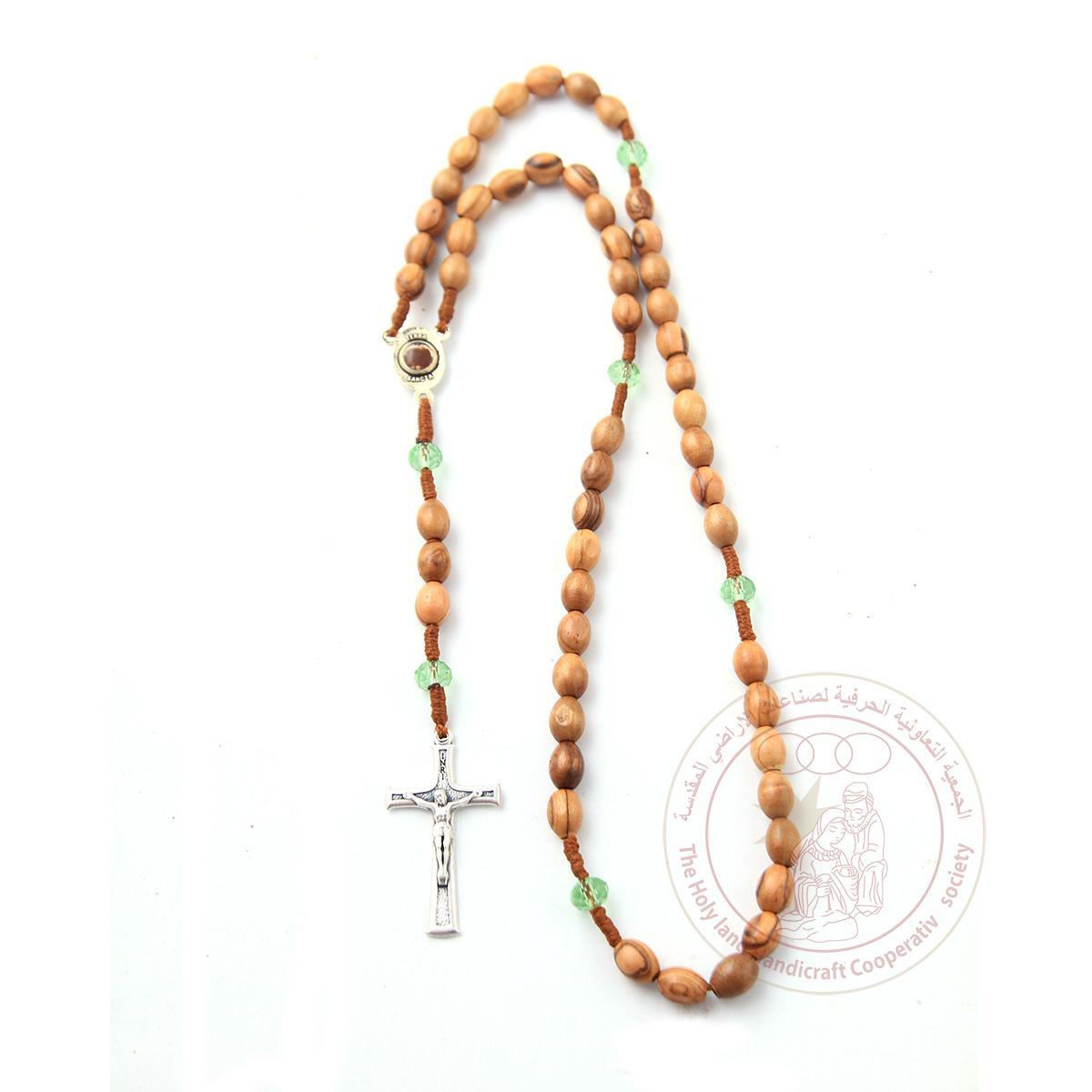 Authentic Olive Wood Rosary with 8mm oval beads, green beads, Jerusalem cross with holy soil glass