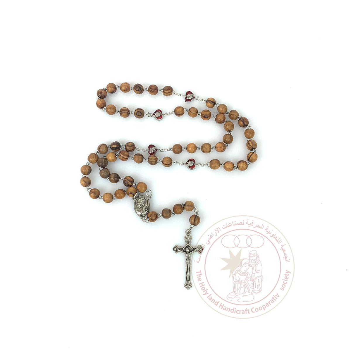 Authentic Olive Wood Rosary oval beads, silver plated cross and icons and holy soil glas