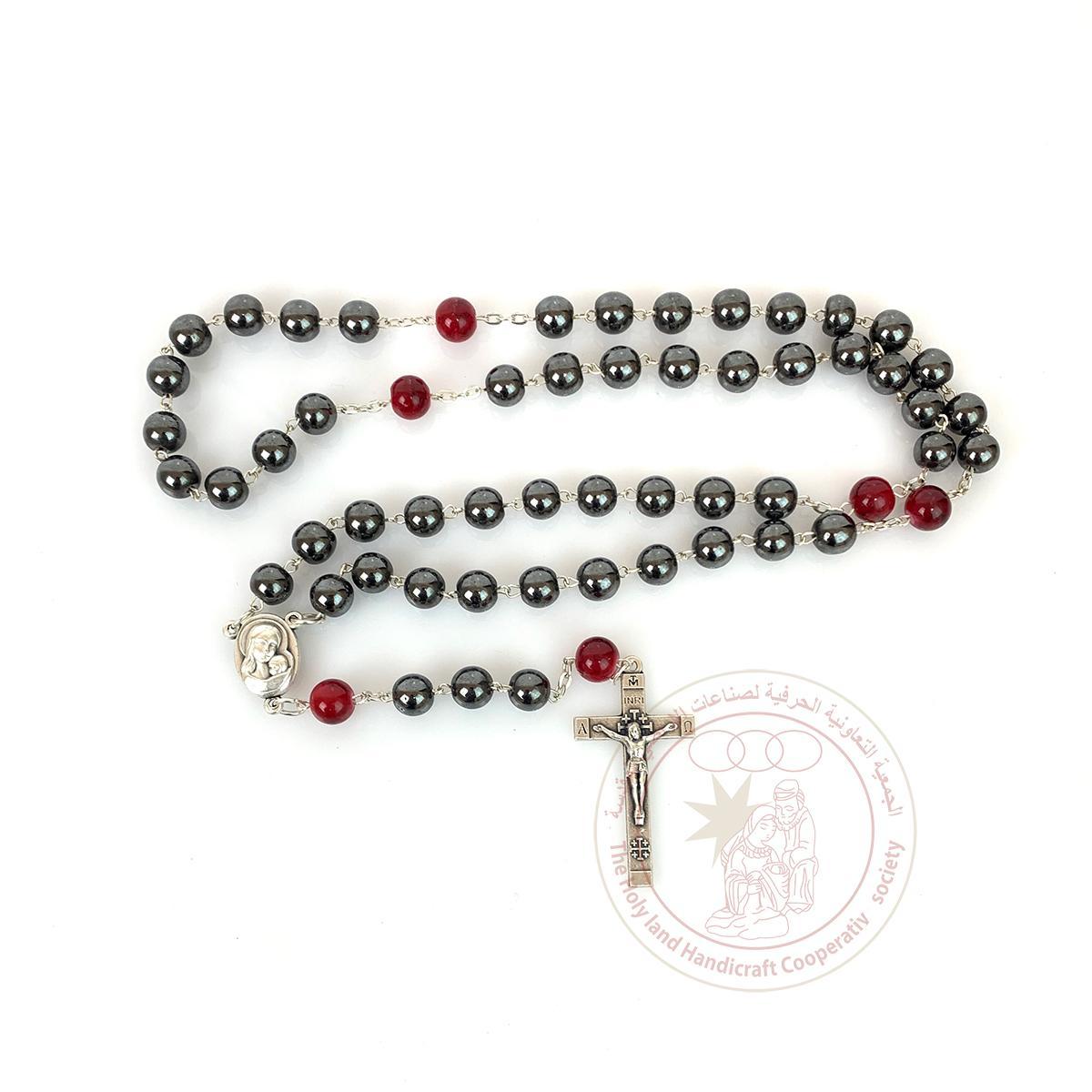Hematite round Beads Rosary silver plated cross , icon and holy soil glass