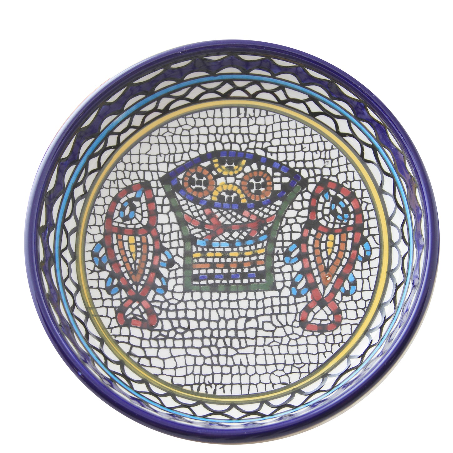 Ceramic bowl, with loaves and fishes mosaic, from Tabgha by the Sea of Galilee,