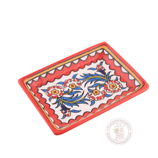 Multi-Colored Flowers' Rectangular Tray w/Red Border- 21 CM, Ceramic