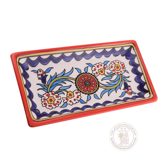 Multi-Colored Flowers' Rectangular Tray w/Red & Blue Border- 21 CM, Ceramic