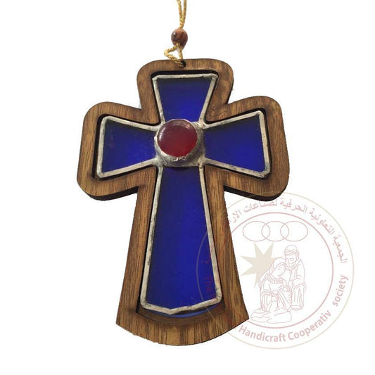 Olive Wood & Glass Cross Ornament