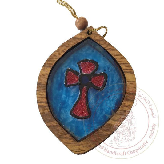 Olive Wood & Glass Cross Oval Ornament