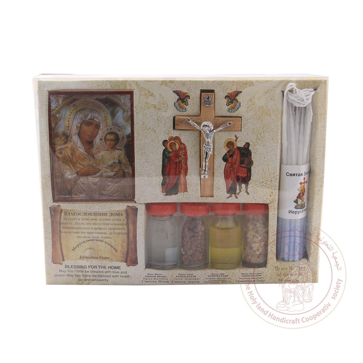 Set of four bottles - Holy Water, Oil, Earth and Incense Virgin icon, olive wood cross and small candles