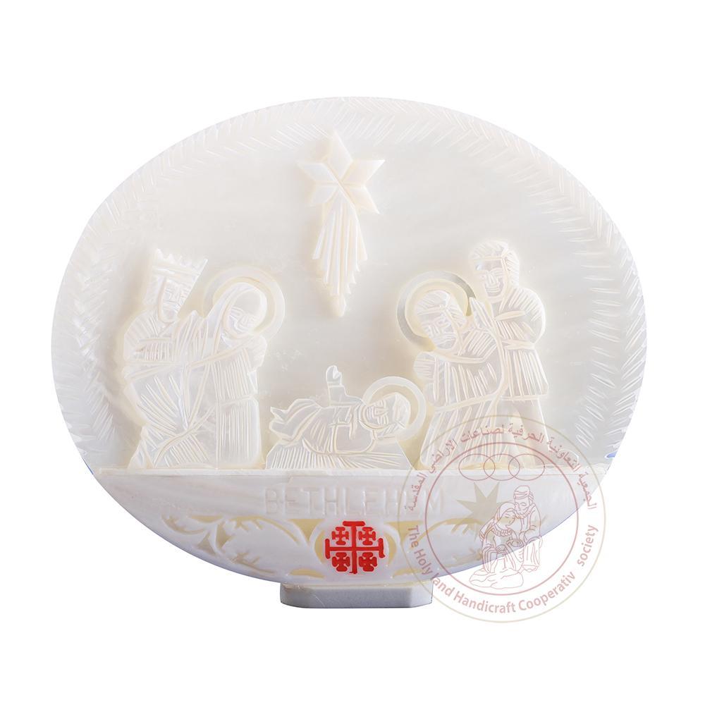 Holy Family Nativity Oval Shell - Mother of Pearl, Olive Wood