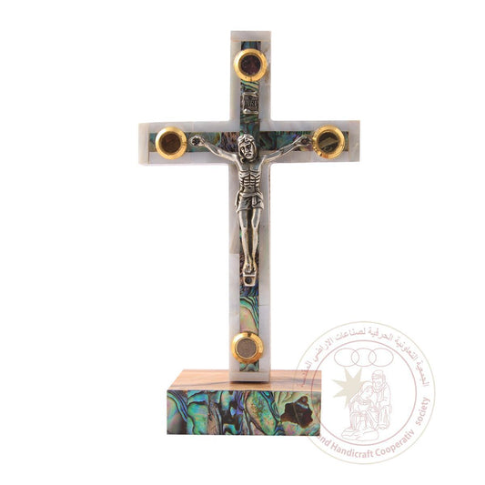 Crucifix w/Holy Land Earth, Leaves and Incense Inlays & Base - Mother of Pearl, Abalone & Olive Wood Metallic Figurine