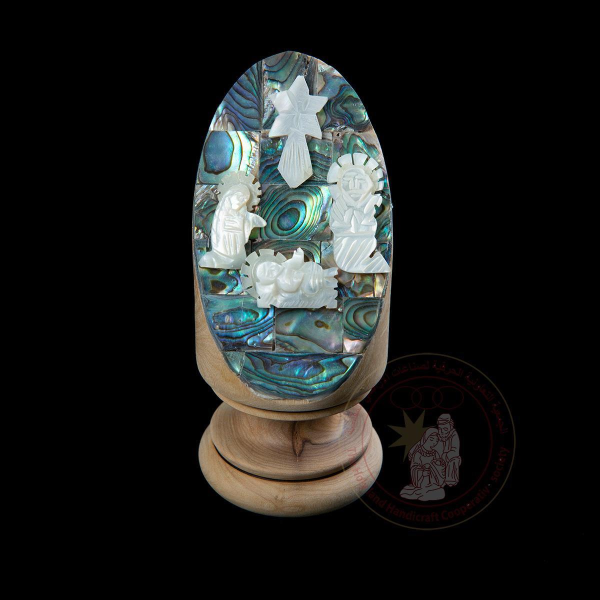 The Holy Family in Bethlehem' Shell Display - Mother of Pearl & Abalone, Olive Wood