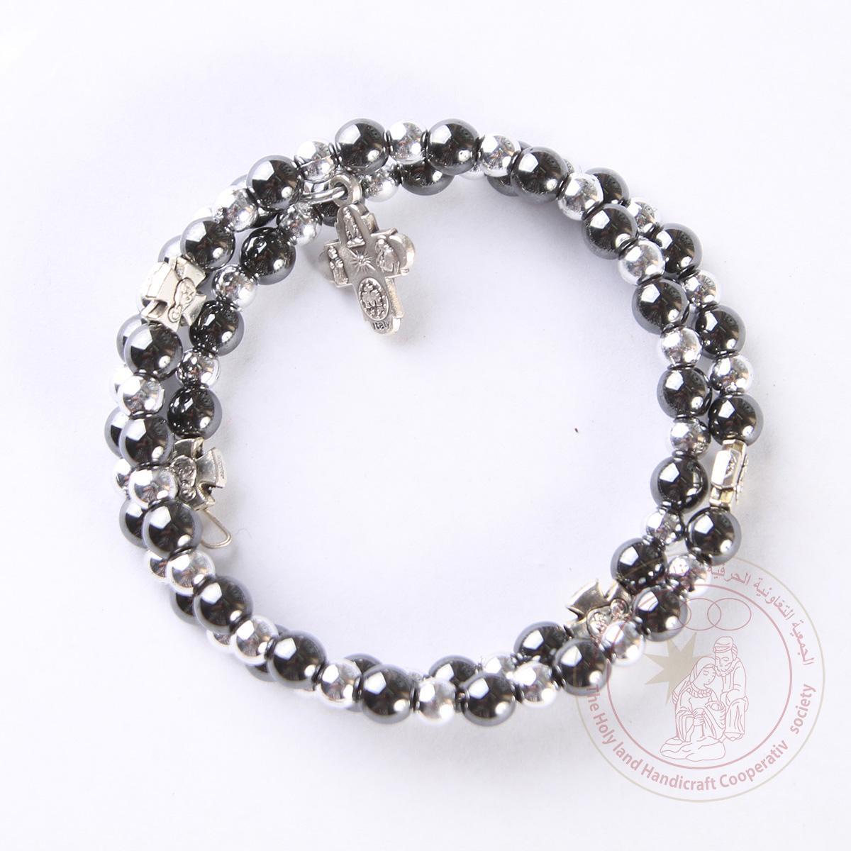 Sterling double wrap beads bracelet w/ cross