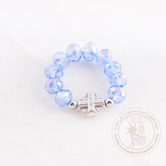 Light blue crystal beads finger rosary w/ Jerusalem cross