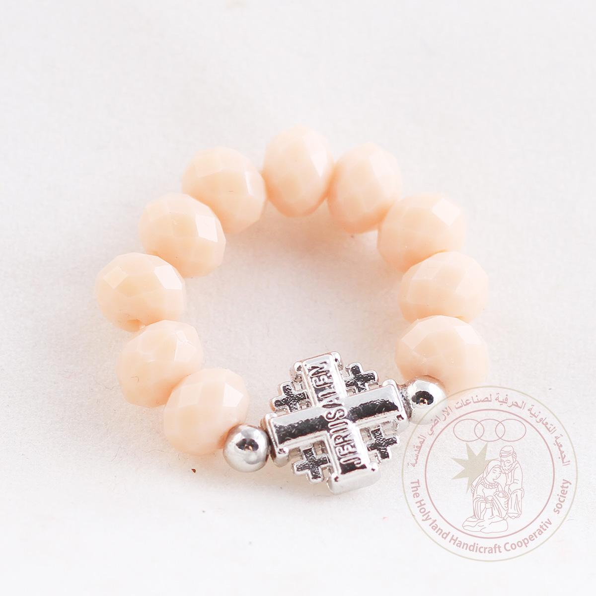 Beige crystal beads finger rosary w/ Jerusalem cross