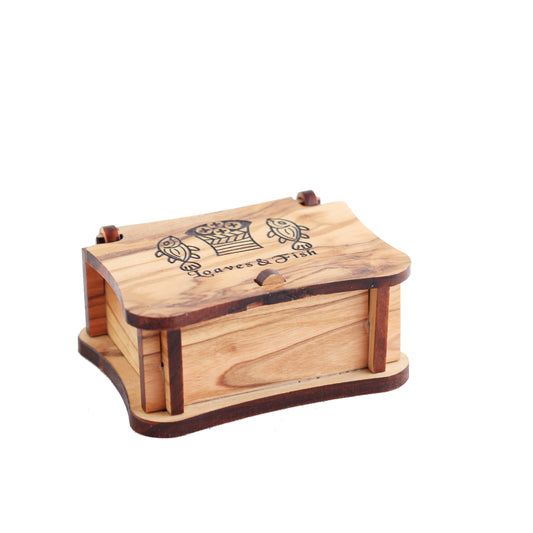 Laser olive wood jewelry box Loaves and Fishes