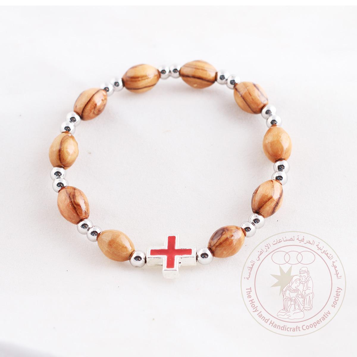 Authentic Olive Wood Oval beads bracelet, elastic cord and metal cross