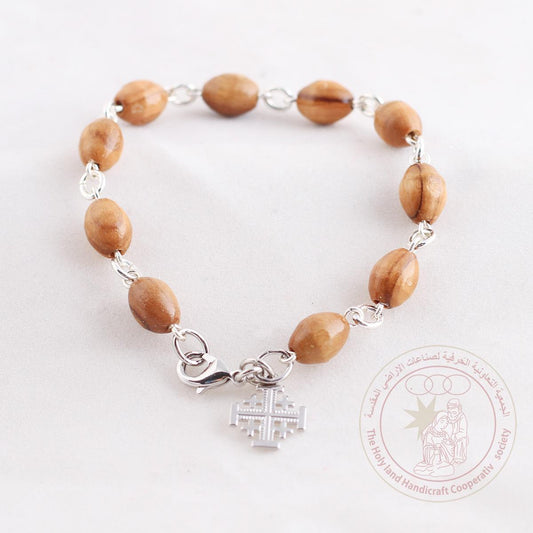 Authentic olive Wood Oval beads bracelet w/ Jerusalem cross and clips