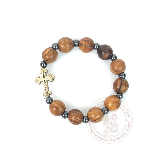 Authentic olive Wood round beads bracelet w/ silver  plated cross