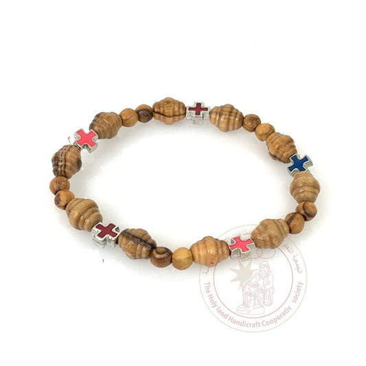 Authentic olive Wood bracelet oval Threaded beads, colored silver plated crosses