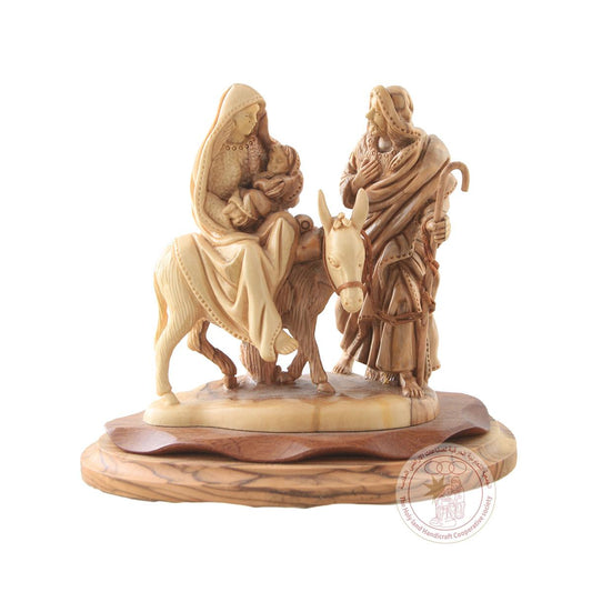 The Flight into Egypt - Carved Statue, Detailed Features, Olive Wood