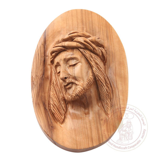 Face of Jesus w/Crown of Thorns Bust Relief  - Olive Wood, Detailed Carving, Wall Hanging