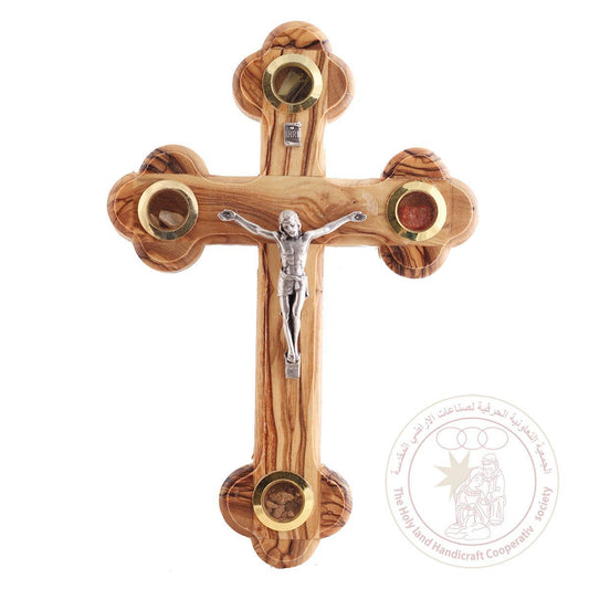 Orthodox Crucifix & Holy Land Earth, Leaves & Incense - Olive Wood, Metallic Figurine, Wall Hanging