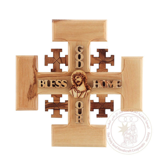 God Bless our Home' Jerusalem Cross w/image of Christ - Olive Wood, Wall Hanging, Laser Cut