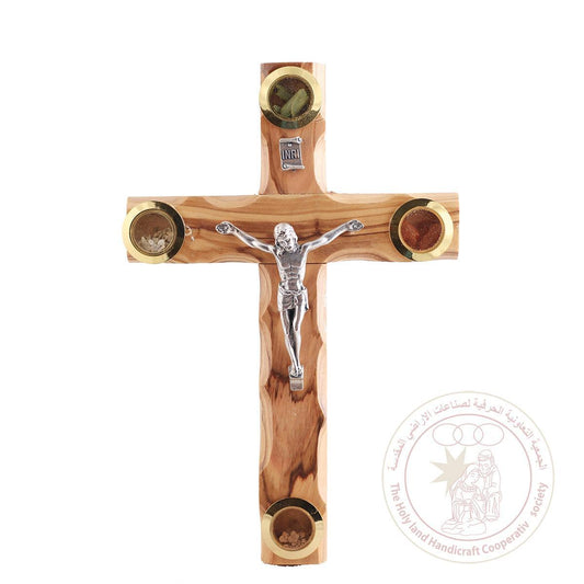 Cross w/Christ & Holy Land Earth, Leaves & Incense - Olive Wood, Metallic Figurine, Wall Hanging