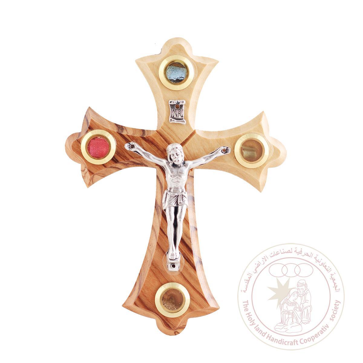 Cross w/Christ & Holy Land Earth, Leaves & Incense - Olive Wood, Metallic Figurine, Wall Hanging