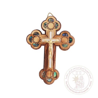Orthodox Crucifix & Holy Land Earth, Leaves & Incense - Mother of Peal, Olive Wood, Metallic Figurine, Wall Hanging