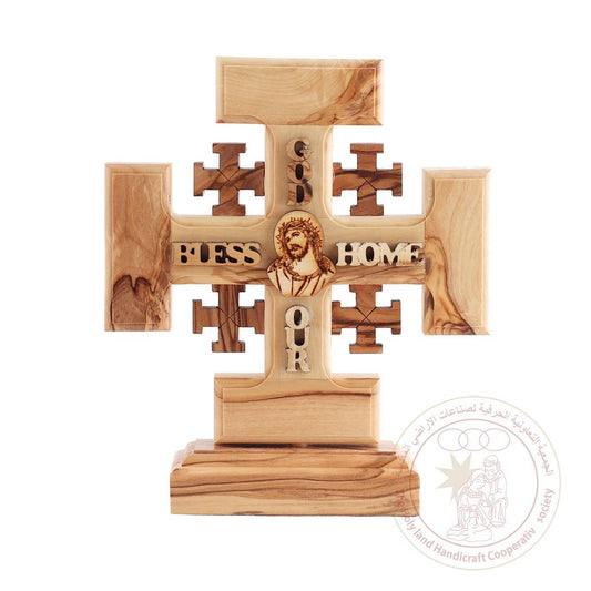 God Bless our Home' Jerusalem Cross w/image of Christ - Olive Wood, Altar/Table Crucifix, Laser Cut