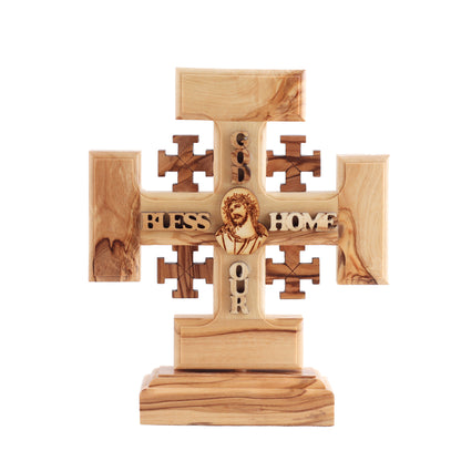 Olive Wood  Jerusalem Cross With God Bless Our Home  with base