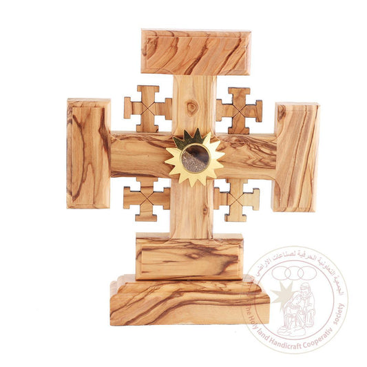 Jerusalem Cross w/Holy Land Soil - Olive Wood, Altar/Table Crucifix