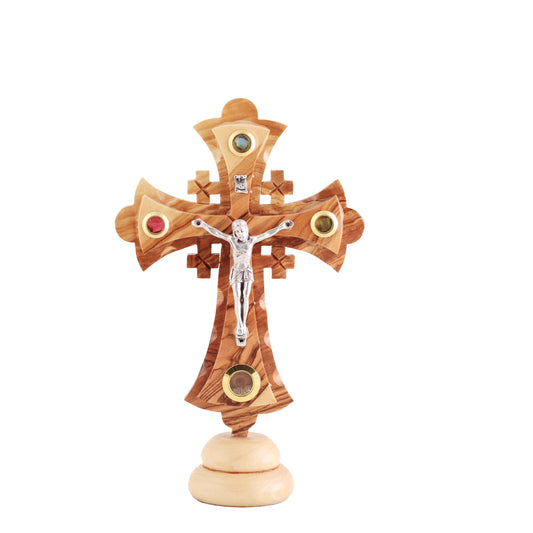 Olive Wood Cross With Crucifix & 4 glasses Essences, leaves and soil of the Holy Land with base