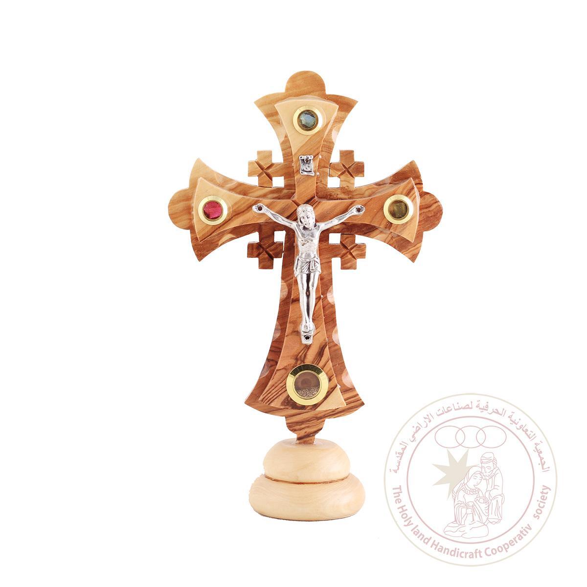 Olive Wood Cross w/Crucifix Holy Land Earth, Leaves & Incense - Olive Wood, Metallic Figurine, Altar/Table Crucifix