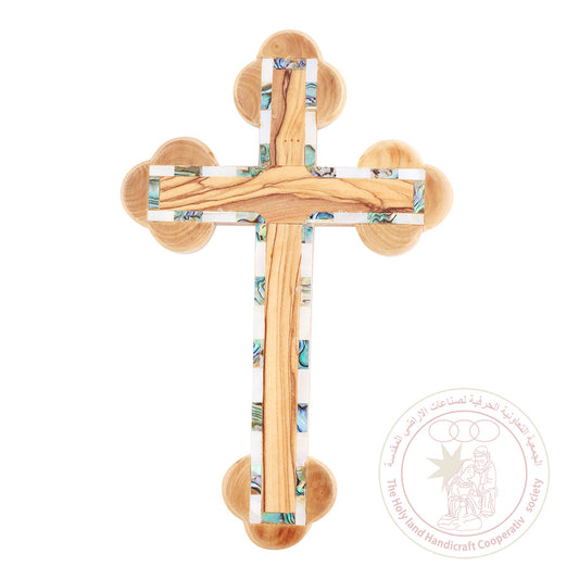 Orthodox Cross w/Mother of Pearl Bordering - Olive Wood, Mother of Pearl, Wall Hanging