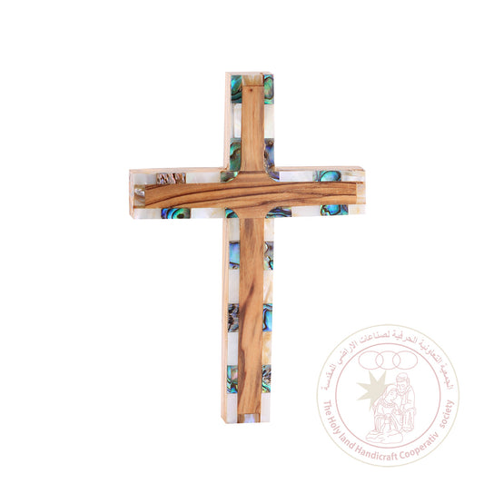 Latin Cross w/Mother of Pearl Bordering - Olive Wood, Mother of Pearl, Wall Hanging