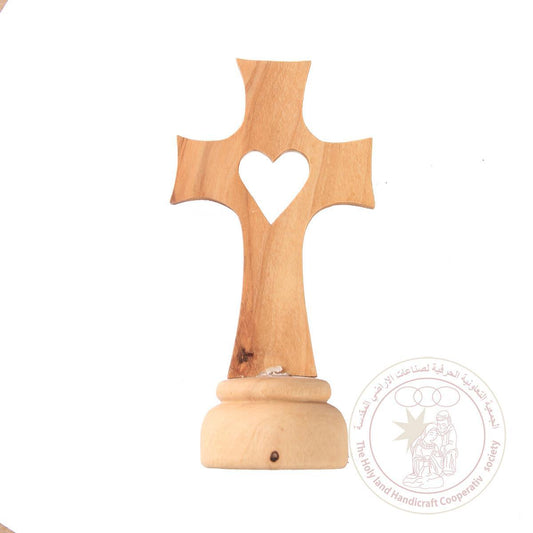 Cross w/Heart Silhouette - Olive Wood, Altar/Table Crucifix